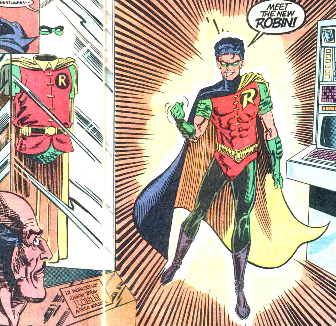  Batman #457: Tim's cape is dark on the outside and it protects his neck, his gauntlets look like more than cotton gloves, and he gets boots that could theoretically contain steel in the toe to help him on the street. Also, pants.