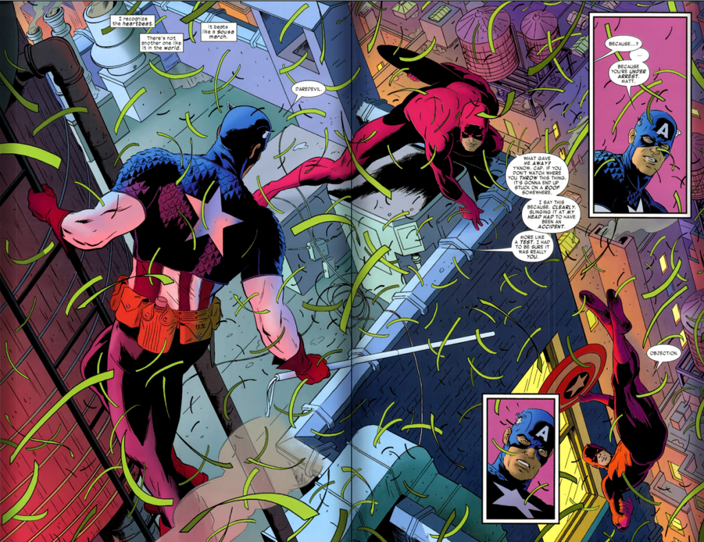 Daredevil v3 #2: Captain America tries to arrest Daredevil. With confetti.