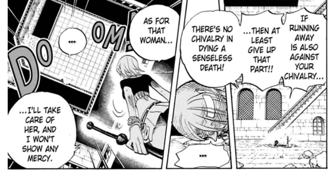 One Piece chapter 403: Nami asks Sanji to at least run away from a woman opponent next time.