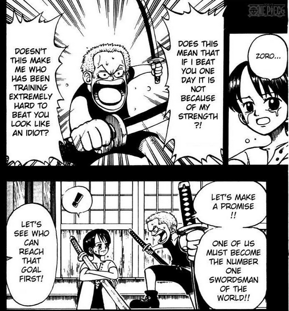 One Piece chapter 5: Zoro confronts Kuina when she claims that one day he'll surpass her because he's a boy.