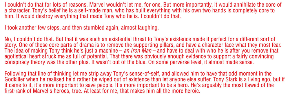 Iron Man #17: The author's note where Kieron Gillen explained that neither he nor Marvel would have ever changed Tony's origin for real. It was a bit too late for me to keep the title on my pull list though.