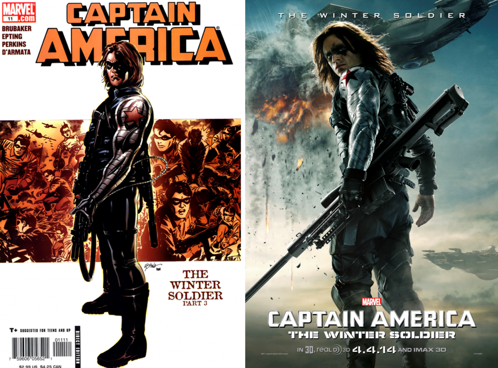 Captain America v5 issue #11 cover and a Captain America: The Winter Soldier poster.