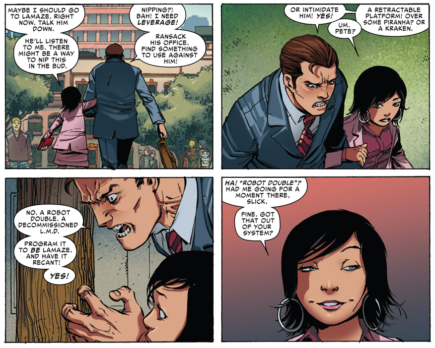 Superior Spider-Man issue #21 – That's some suspicious behavior Otto. It's a good thing Anna Maria didn't know Peter before.