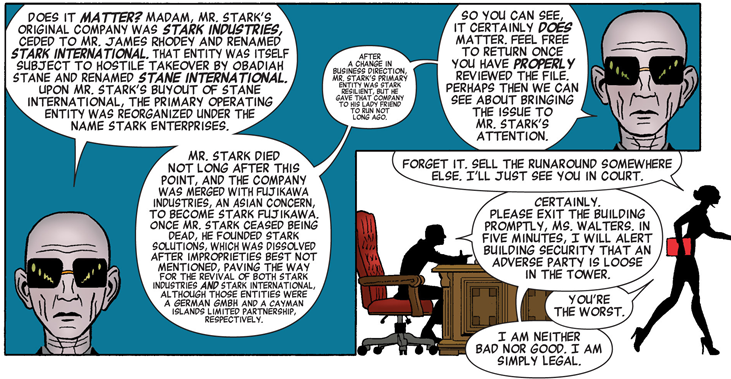 She-Hulk v3 issue 1 – That's a lot of text, but it is a very amusing outline of Tony Stark's business history.