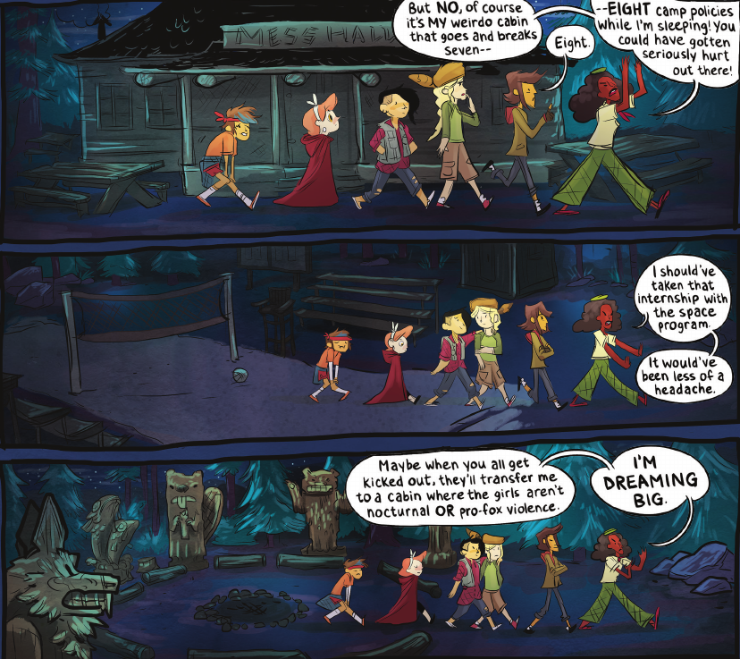 Lumberjanes Vol 1 - Artwork tells a story separate from the dialogue - specifically, look at Mal and Molly